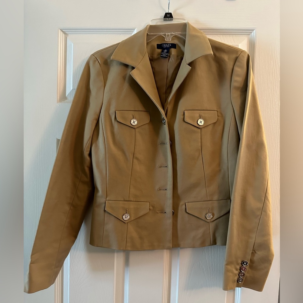 Chaps Blazer with silver buttons. Dark Khaki. Size M. Never worn.